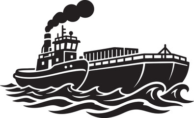 Black and White Illustration of a Tugboat Towing a Cargo Ship