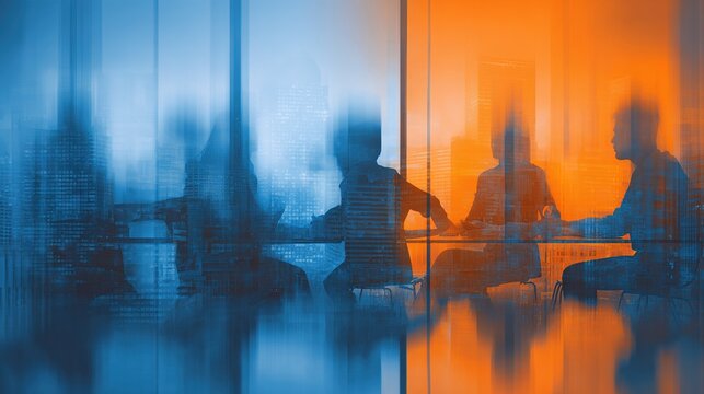 Corporate collaboration: business professionals in discussion at table with abstract blurred office background in blue and orange hues. High quality