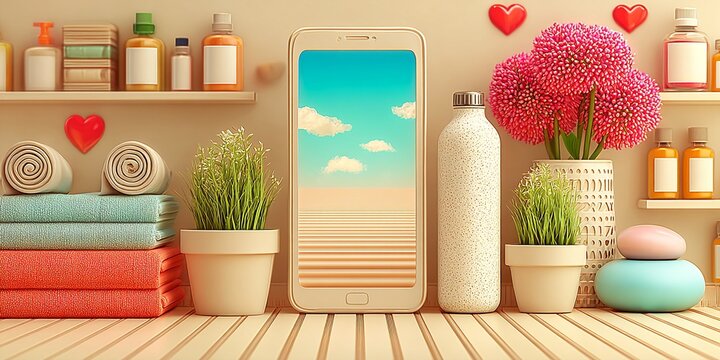 a colorful bathroom scene featuring a smartphone, flowers, towels, and bottles