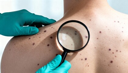 Dermatologist examining skin moles with magnifying glass checking for melanoma early detection and prevention of