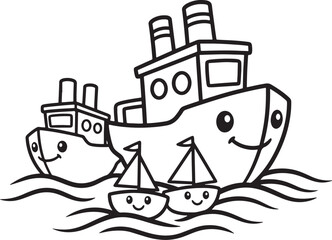 Cute Cartoon Boats and Sailboats on Waves