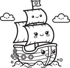 Cute Kawaii Pirate Ship Sailing on the Ocean