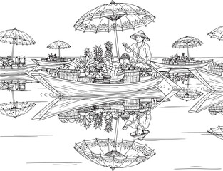 Floating Market Scene with Fruit Boats and Reflections