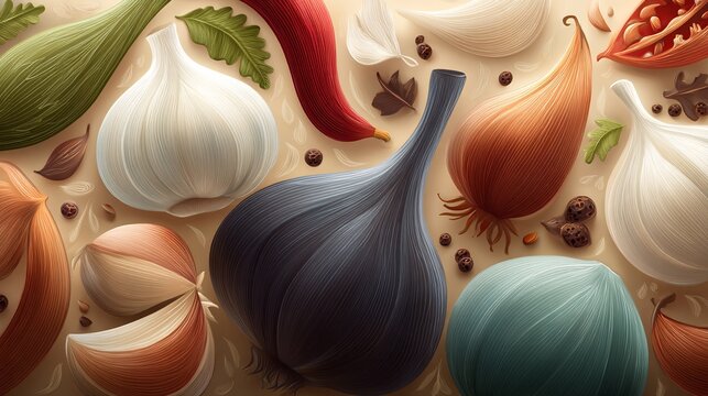 a flat surface covered in different types of vegetables, including garlic and onions