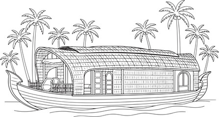 Kerala Houseboat with Palm Trees Line Art