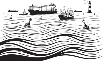 Ships and Lighthouse on Wavy Seas