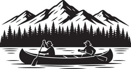 Two people canoeing with mountains and trees in the background