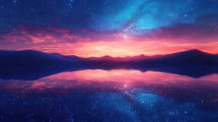 Naklejka premium Surreal sunset reflected in still lake under starry sky.