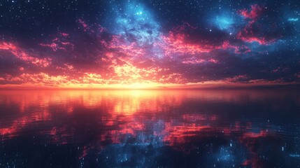 Fototapeta premium Vibrant sunset reflecting on calm ocean, starry night sky.
