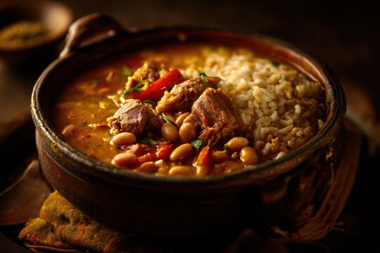 Rich Guacho De Rabito Rice Stew in Rustic Bowl
