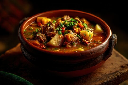 Homeland Flavors Meet in a Traditional Honduran Mondongo Stew, Served in a Rustic Earthenware Bowl
