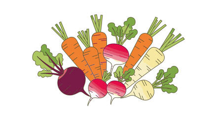 Vibrant Root Vegetables - Carrots, Beets, Radishes, and Parsnips.
