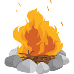 Pixel Art Campfire with Orange Flames and Gray Stones on a Transparent Background