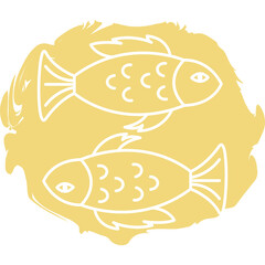 Pisces Zodiac Symbol Outline Two Fish Swimming Circle Shape Yellow Brush Stroke White Background Graphic Illustration