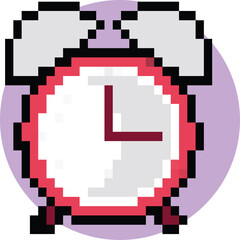 Pixel Art Alarm Clock With Pink Body and White Face Featuring Red Hands Set Against a Soft Purple Circle Background