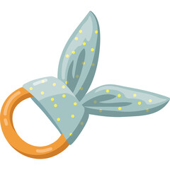 Pixel art baby teether toy with blue and yellow polka dot fabric and a wood ring on a transparent background