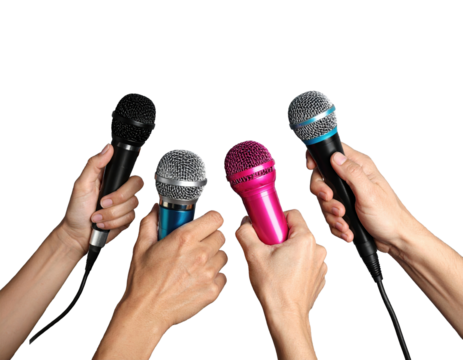 Many hands holding colorful microphones for a press conference or interview. Isolated on transparent background, png