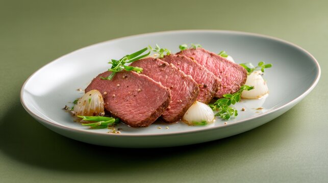 Delicately Plated Garma Showcases Boiled Beef, Onions, Black Pepper on Studio Slate in Soft Daylight