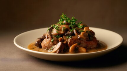 Tender Pork and Mushroom Selsko Meso Simmers, a Village-Style Stew Carefully Plated With Thyme on a Beige-Gray Plate