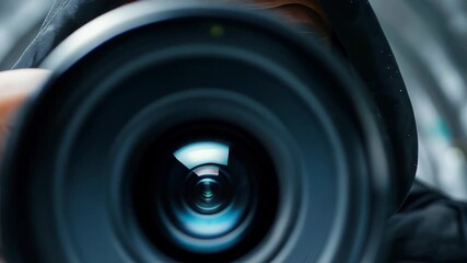 Lens Focus: A Photographer, his face obscured, intently peers through the lens of a professional camera, embodying dedication and the art of capturing moments. 