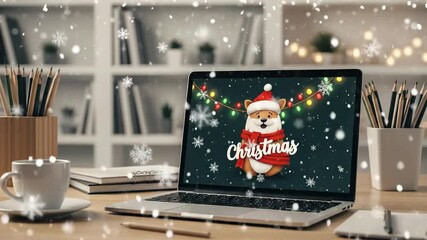 Festive Christmas Corgi on Laptop Screen with Snowflakes and Cozy Desk Setup, Perfect for Holiday Season Work or Study - Powered by Adobe
