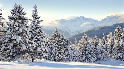 Snowy mountain panorama winter landscape with forest and pine trees covered in fresh snow