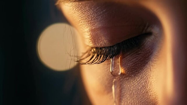 Close-up of a sad adult woman's brown eye with a tear rolling down her cheek, expressing deep emotion and sorrow