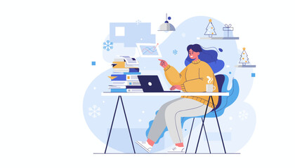 Productive woman working on business growth chart in a cozy festive winter office setting
