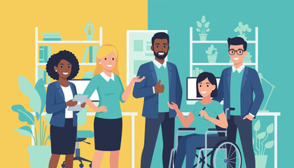 Diverse inclusive business team smiling in a modern office representing equality and collaboration