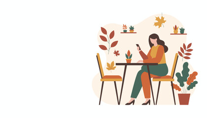 Casual woman uses smartphone while relaxing in a cozy autumnthemed cafe setting