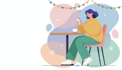 Woman sits at a cafe table using a phone Communication technology and casual lifestyle vector