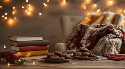 Inviting winter arrangement with books, cookies, throw blanket, and string lights for cozy indoors