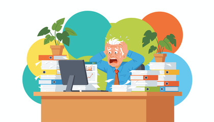 Stressed senior worker overwhelmed by paperwork and excessive workload at the office desk