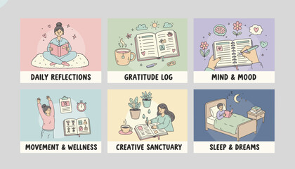 Six selfcare concepts including journaling reflection movement creativity and sleep hygiene