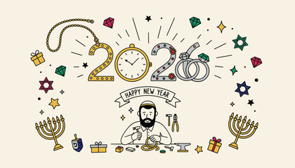 Obraz premium Jeweler works beneath a festive New Year 2026 graphic made of jewelry and clock surrounded by gifts