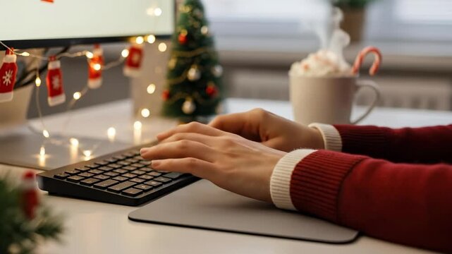 Close-up of a person's hands in a red sweater resting on a mousepad at a festive Christmas decorated desk with a keyboard, string lights, and a hot drink.