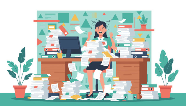 Overwhelmed businesswoman buried under piles of documents and files Workplace stress and bureaucracy