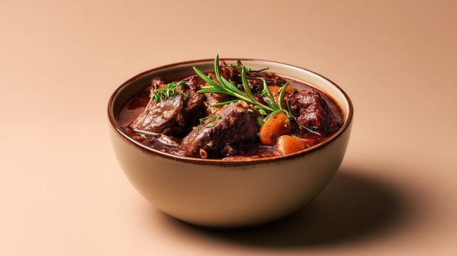 Rich Bowl of Daube Proven&ccedil;ale From France Sits Ready, Garnished With Fresh Herbs