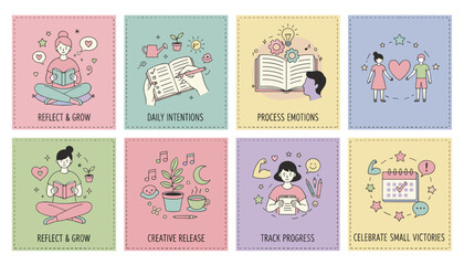 Personal growth and selfcare vector illustrations focusing on reflection journaling emotions and progress