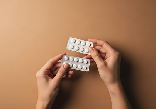 Hands holding two blister packs of white pills on a tan background