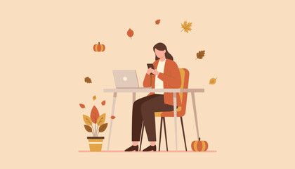 Woman working remotely on a laptop and phone surrounded by seasonal autumn decorations and falling leaves