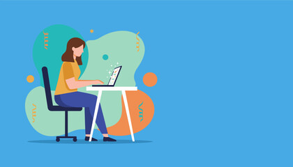 Woman works on laptop achieving goals remotely Success freelance and online business concept