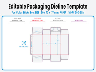 Editable packaging dieline template for wafer roll box. Real dimensions with cutting, creasing, and bleed guides. Ready-to-use vector file for printing and production setup.