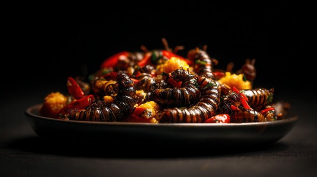 Mopane Worms Served With Vibrant Peppers