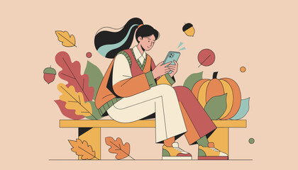 Young woman using smartphone on a bench with autumn leaves and pumpkin Digital connection fall season