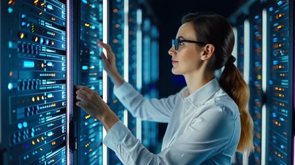 Data Center Technician: A focused technician diligently monitors and maintains complex server equipment within a modern data center. Her dedication, expertise. - Powered by Adobe