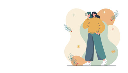 Casual woman talking on smartphone amidst decorative abstract background elements