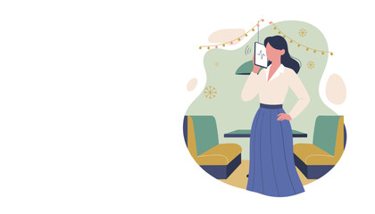 Woman using voice assistant on a smartphone in a festive restaurant or cafe booth area