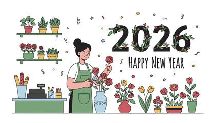 Happy New Year 2026 Florist preparing flowers in shop Seasonal greeting and small business graphic