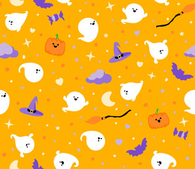Seamless Halloween pattern with ghosts, pumpkins, bats, witch hats, and stars in cheerful orange, purple, and white tones. Vector illustration.